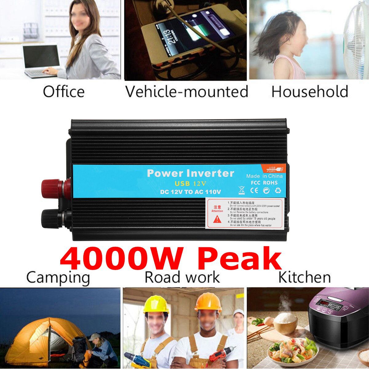 Solar inverter 12/24v 110/220v 4000w p eak spænding transformer converter  dc 12v til  ac 220v bil inverter egnet til bilbatteri