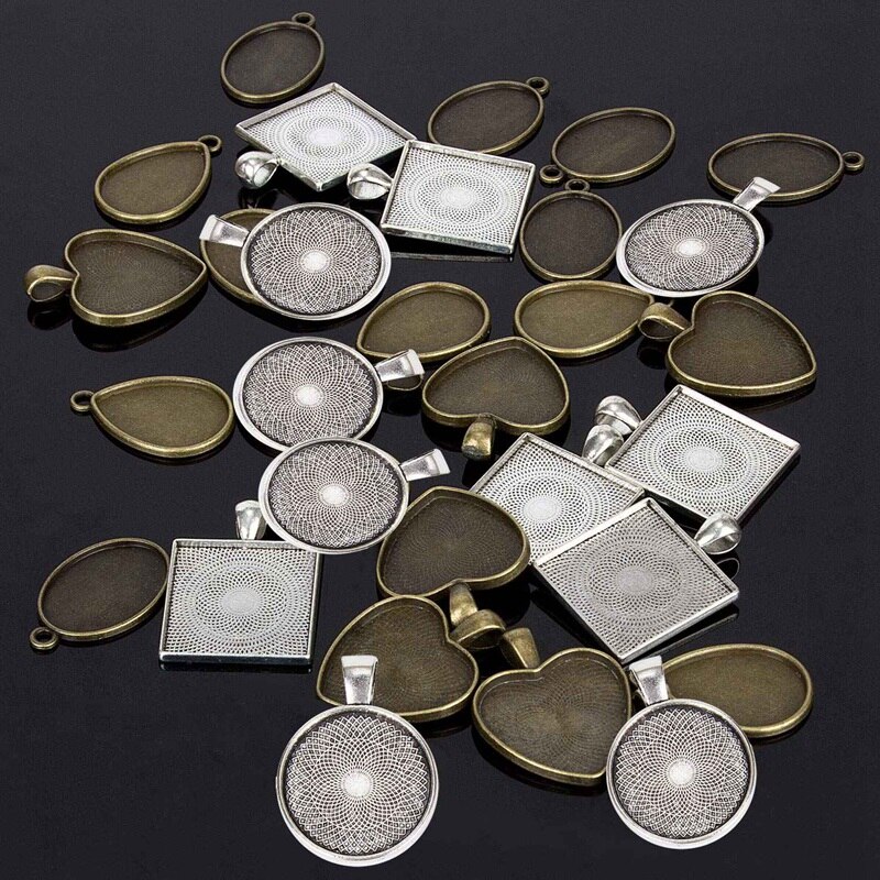 30 Pieces 5 Styles Pendant Trays Round & Square Heart & Teardrop & Oval,And 1 Pcs Jewelry Casting Molds For Pendant Crafting Diy