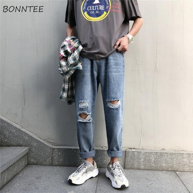 Jeans heren effen gaten oversize 5xl losse harajuku stijlvol in koreaanse stijl chic enkellange rechte herenbroek streetwear