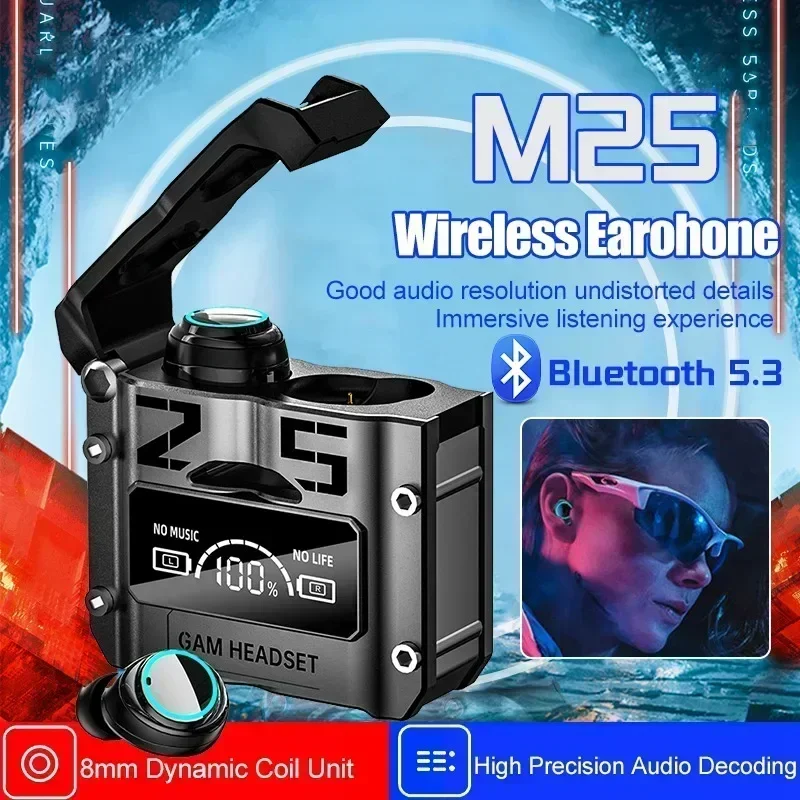 Original M25 Bluetooth 5.3 TWS Wireless Headphones with LED Display Stereo Headset Touch Control Earbuds Noise Reduction