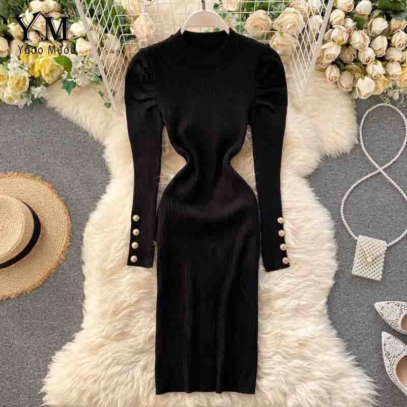 SENBATU Gebreide jurk Dames Herfst Elegante Trui Jurk Lange Mouw V-hals Winterjurken Donkergrijs Small