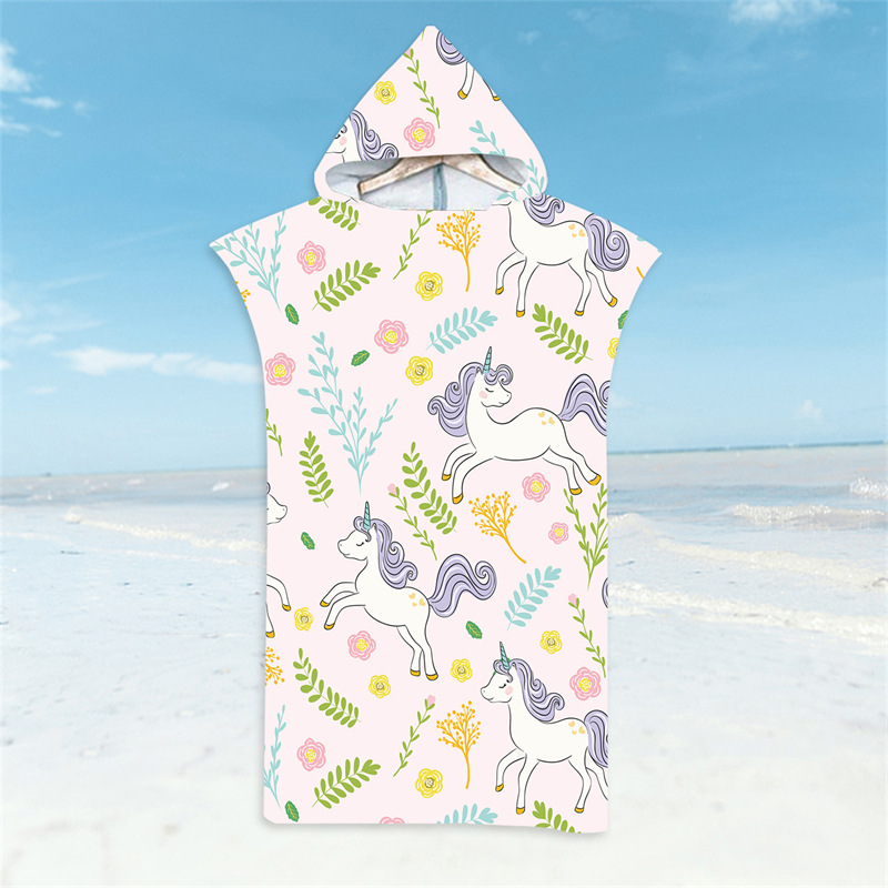Cartoon Eenhoorn Badjas Strandlakens Sneldrogende Badhanddoek Lichtgewicht Microfiber Kapmantel Zwemmen Surf Volwassen Meisjes Poncho: GRIJS