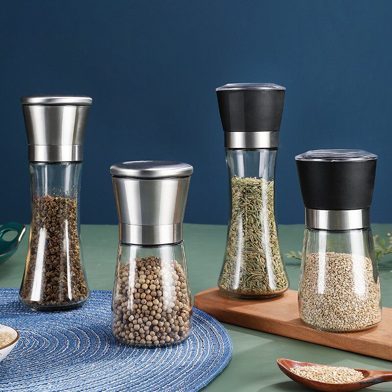 Molinillo de acero inoxidable para moler sal y pimienta, molinillo de vidrio para especias y hierbas, botella de molienda, utensilios de cocina, herramientas de vidrio, 1/2 Uds.