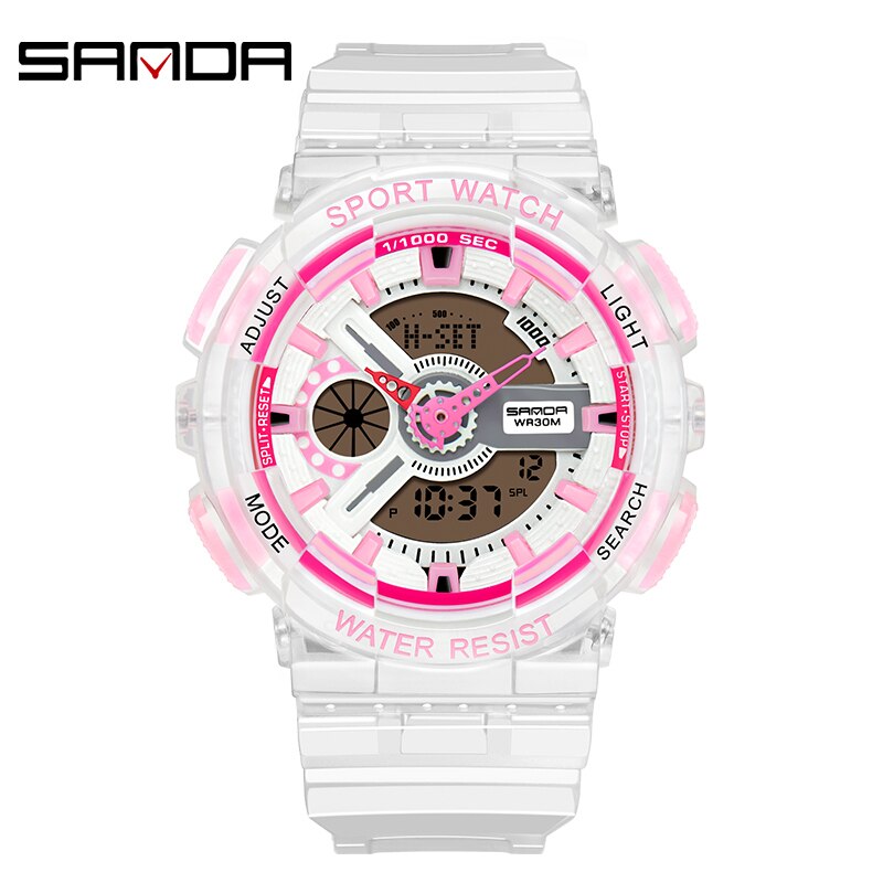 SANDA montre hommes et femmes montres transparentes étanche multi-fonction lumineux sport Double affichage Couple montre électronique: Cherry pink