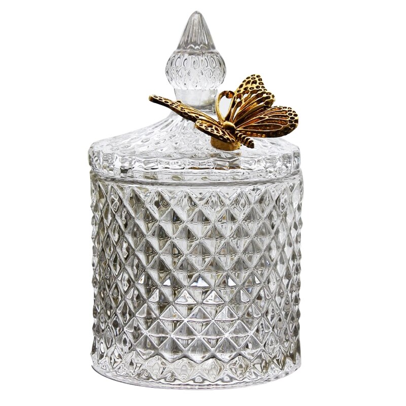 Glasförvaring burk med lock fjäder / fjäril dekor diamant smycken burk förvaringslåda kosmetisk dammtät låda