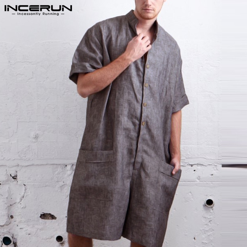 Streetwear Mens Romper Short Sleeve Solid Button Big Pockets Jumpers Vacation Overalls Cargo Suits Casual Rampers Pants