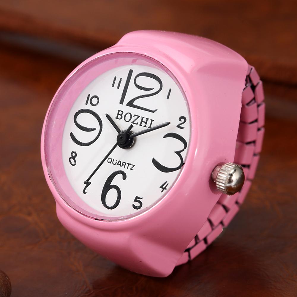 Levendige Snoep Kleur Grote Cijfers Mini Vinger Ring Horloge Elastische Band Quartz Horloge Vinger Ring Horloges Staal Ronde Elastische Horloge: pink