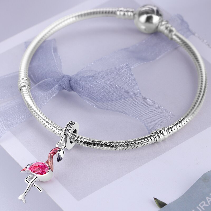 Novo 925 Sterling Silver Bead Rosa Flamingo & Papagaio Colorido Pingente Encantos De Cristal Beads Fit Pulseiras Jóias Originais