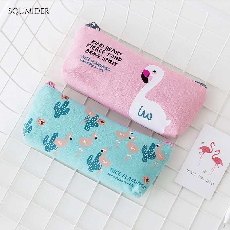 SQUMIDER 1PC Cute Flamingo Canvas Pencil Cases Stationery Storage Pen Bag School Office Pencil Bags Lovely Pencil Pouch