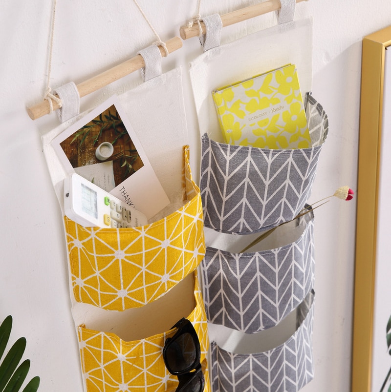 Organizador de lino y algodón para colgar en la puerta de la pared, bolsas de almacenamiento para decoración del hogar, armario, cosméticos, juguetes, 3 bolsillos