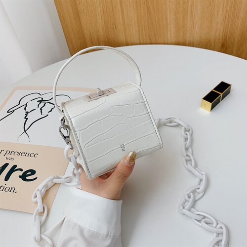 Acryl Dikke Ketting Mini Effen Kleur Pu Lederen Crossbody Tassen Voor Vrouwen Dame Doos Vorm Schouder Handtassen En Portemonnees: WHITE