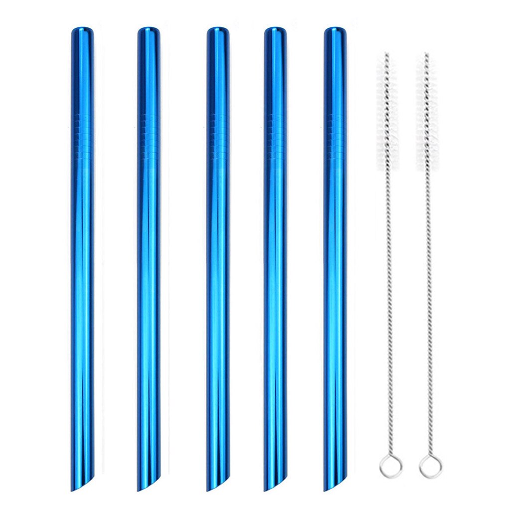 5/10pcs 12mm Reusable Pointed-End Drinking Straw Stainless Steel Drink Pearl Milkshake Fat Bubble Tea Straws Cocktail Party: Blue 5pcs