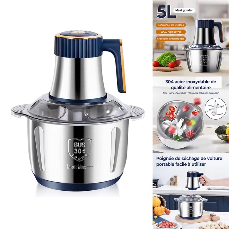 Picadoras de carne eléctricas, trituradora de alimentos de 5L, rebanador de verduras multifuncional de acero inoxidable, procesador, picadora, batidoras de cocina