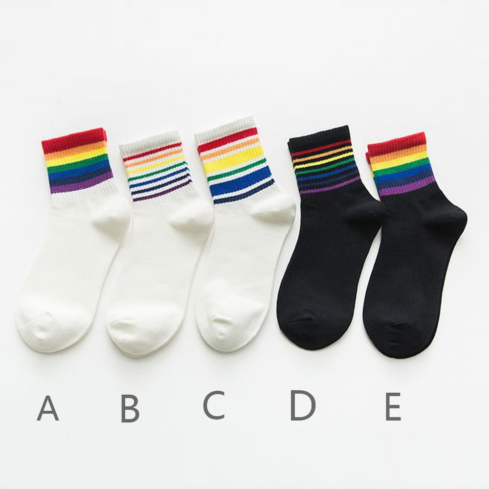 Women Socks Cotton Winter Unisex Cotton Rainbow Striped Socks Xmas Warm Chrismas Breathable Sports Middle Tube Socks