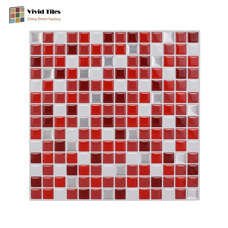 Vividtiles papier peint vinyle imperméable | Effet 3D écorce et bâton, carrelage mural mosaïque rouge coloré-1 feuille