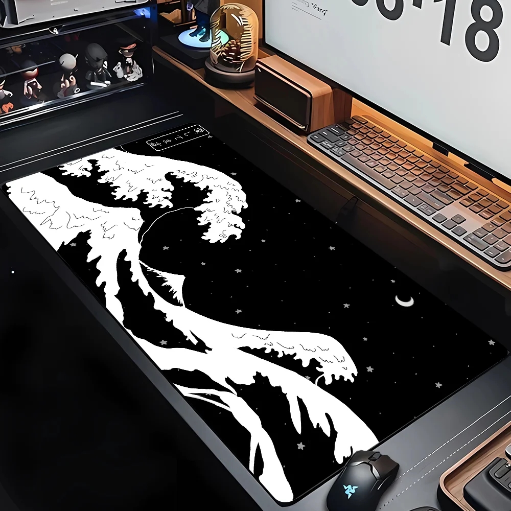 Alfombrilla de escritorio, alfombrilla de ratón para juegos, alfombrilla de escritorio grande para Gamer, alfombrilla de ratón de goma con grandes ondas artísticas, alfombrilla de ordenador de velocidad para oficina, alfombrillas Kawaii: 40x120 cm / Negro