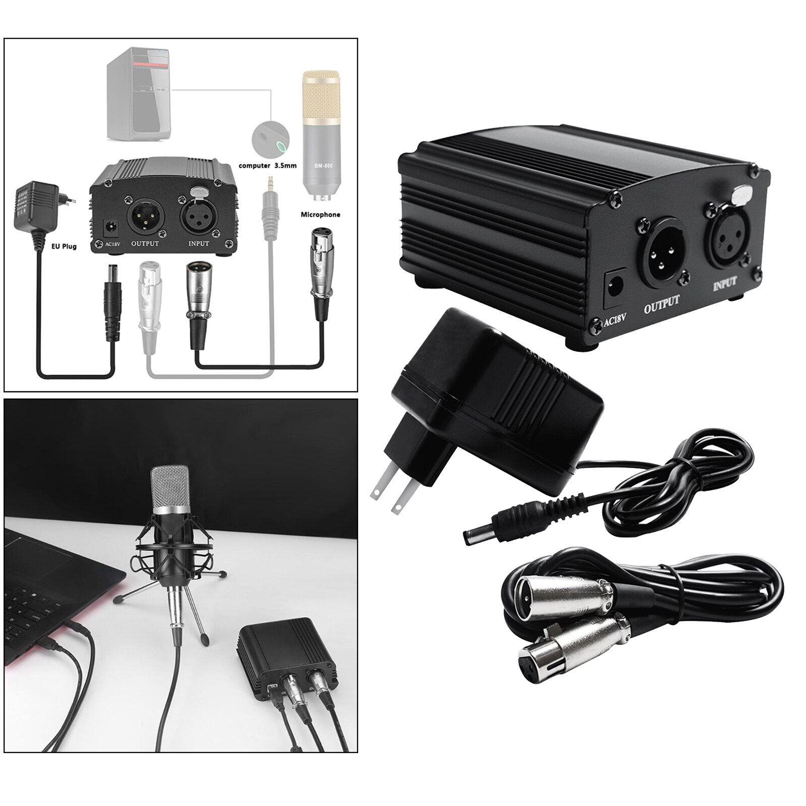 Alimentation fantôme 48V + câble XLR à 3 broches pour Microphone à condensateur, équipement d'enregistrement de musique