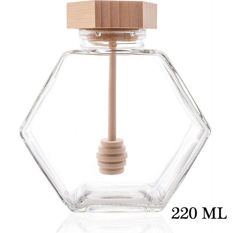 220ml/380ml glass honning krukke med bambus honning pinne skje mini liten honning flaske container pott honning oppbevaring: 220ml