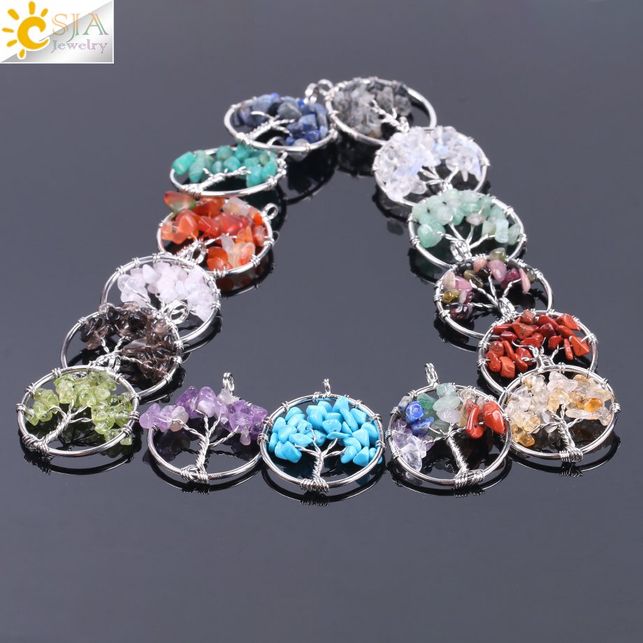 CSJA Tree of Life Necklace &amp; Pendant Silver Color Crystal Natural Gem Stone Chip Beads 7 Chakra Wire Wrapped Women Jewelry F141