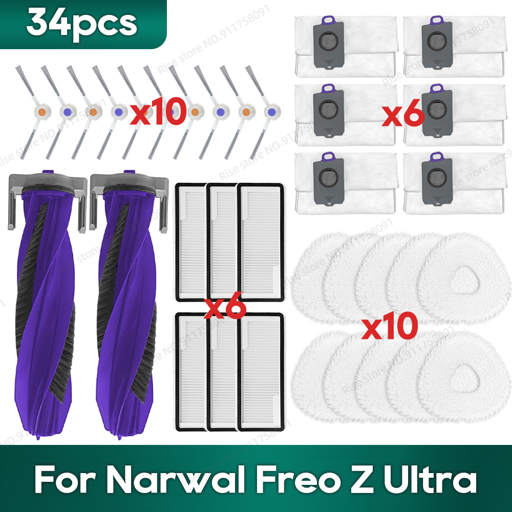 Compatible for Narwal Freo Z Ultra Robot Vacuum Accessories Main Side Brush Hepa Filter Mop Rag Dust Bag Replacement Parts: light yellow