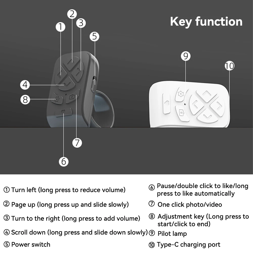 7-knoppen Bluetooth-afstandsbediening Scrollende vingertelefoon Videobediening Selfie Stick Automatische pagina Vingertopcameracontroller