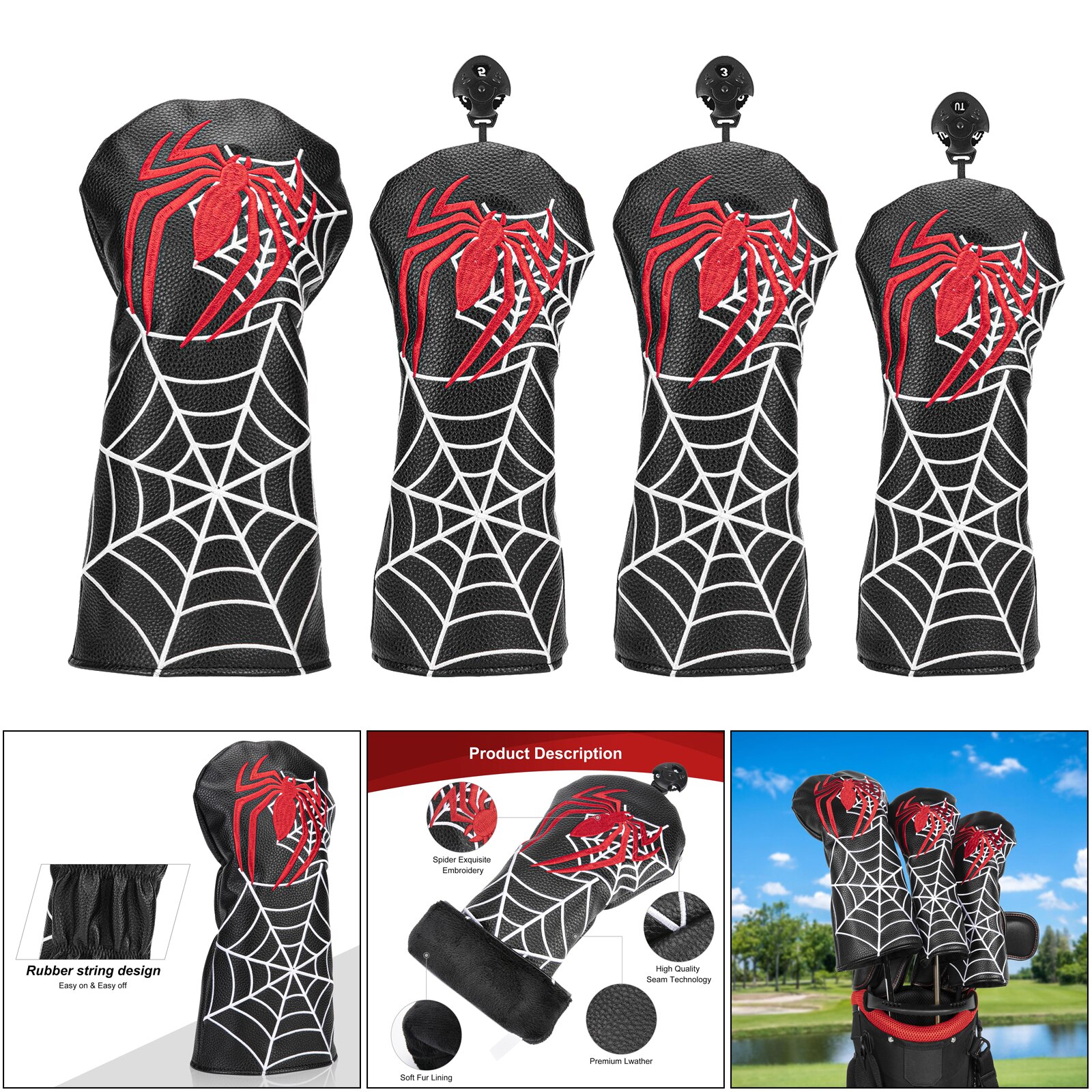 Golf Club Head Cover Spider Borduurwerk #1 #3 #5 Ut Woods Pu Lederen Headcovers Voor Driver Fairway hybrid, stofdichte Bescherming