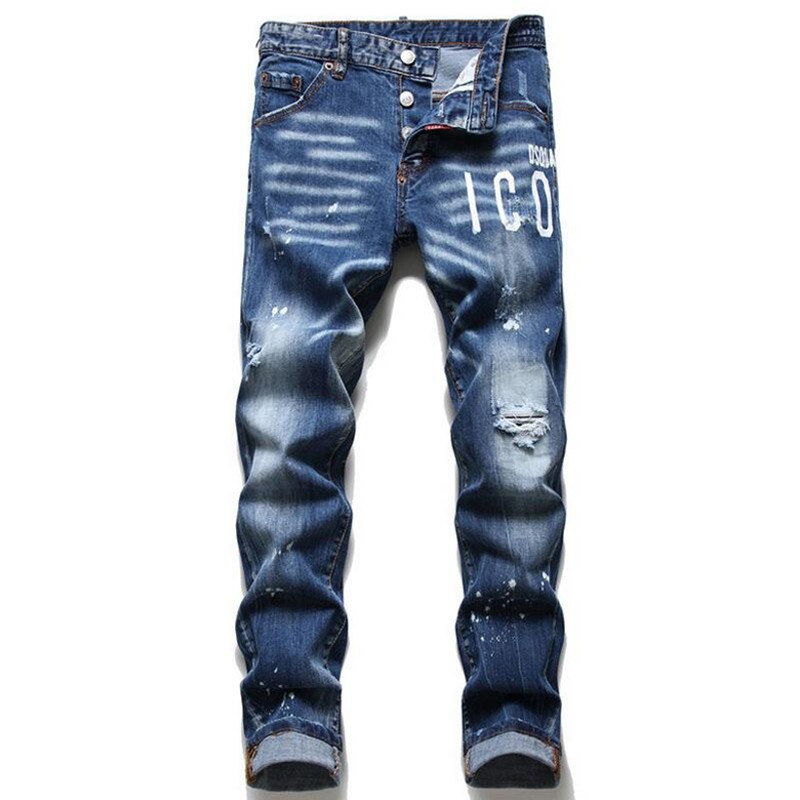 Ikon blå merke maling revet skrog vill personlighet jeans menn & #39 ;s nedre denim bukser lomme glidelås merking uformell Port: oss38 den54 jp( xxl)