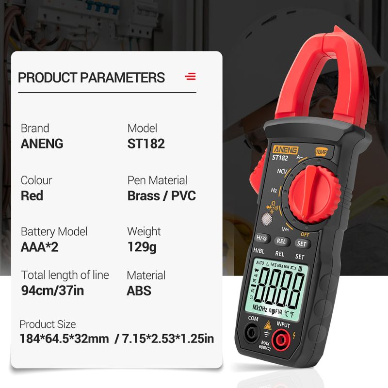 ST182 Digital Clamp Meter Ammeter AC Current Multimeter DC/AC Voltage Tester Amp Hz Capacitance NCV Ohm Temperature Test