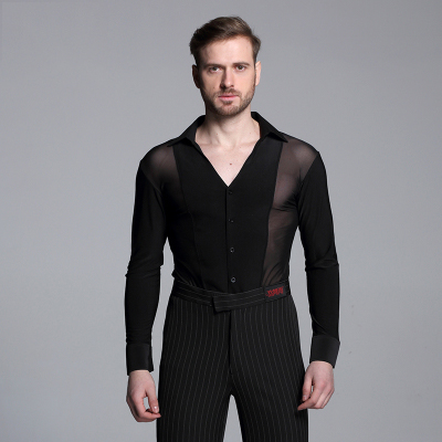 2017Men's V Collar Latin Dance Clothing Long Sleeves Shirts Modern Cha-Cha Dance Waltz Latin Dance Men Modern Competition Dress: XXL