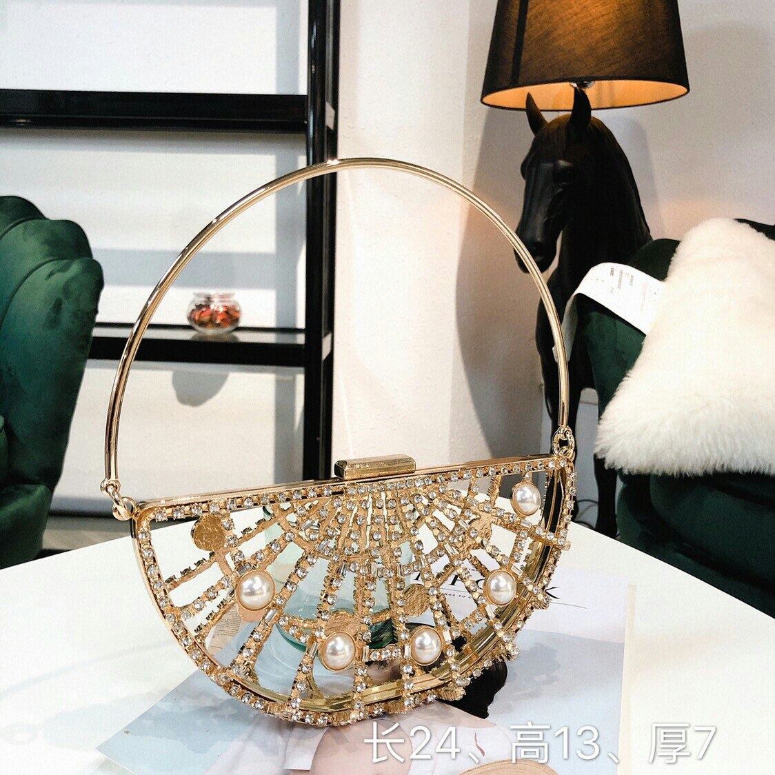 Summer Korea Hollow Pearl Rhinestone Clip Bag Half Round Evening Bag Handbag Woman: Default Title