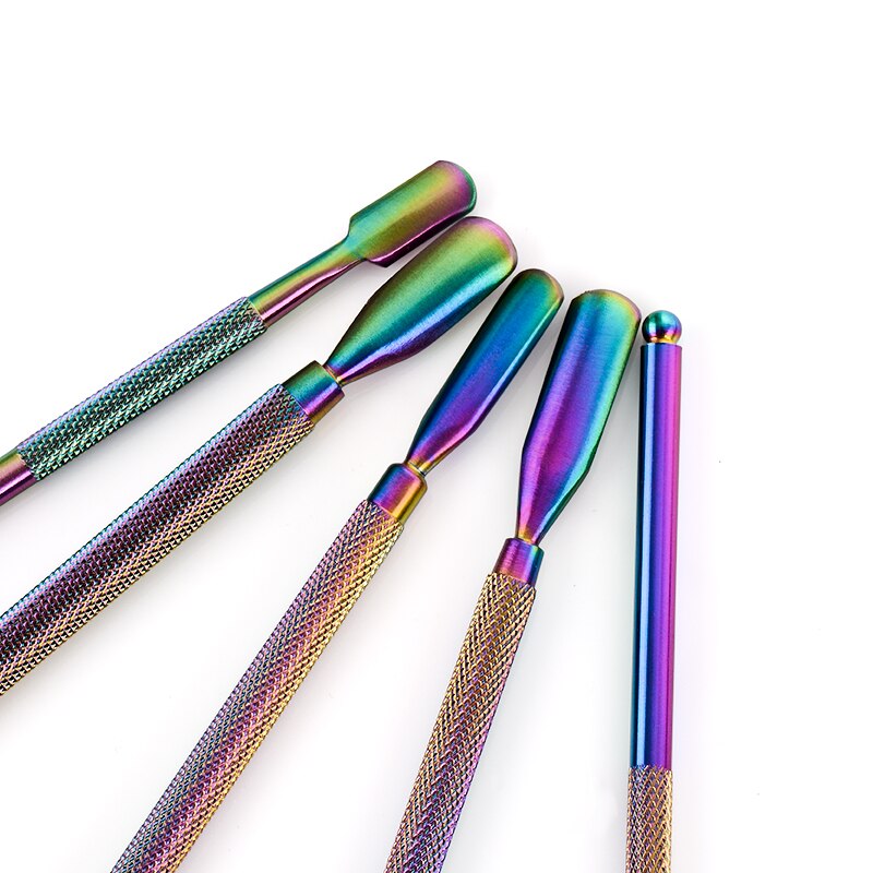 Doble cara camaleón Arco Iris cutícula empujador tijeras pinza Picker acero manicura herramienta de Arte de uñas