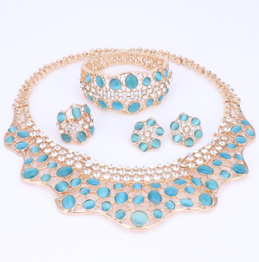 Mooie ketting armband oorbellen ring fijne afrikaanse sieraden sets kralen goudkleurig dubai bruiloft: Blauw