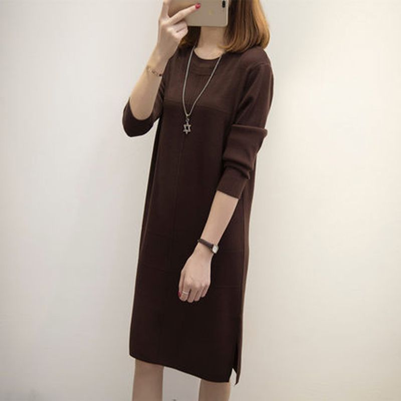 Herfst Winter O-hals Casual Kasjmier Trui Trui Vrouwelijke Lange Mouwen Effen Kleur Lange Gebreide Trui Jurk F471: coffee / XL