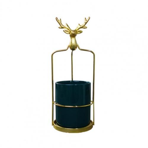 Maceta decorativa de cerámica resistente para jardín, marco de hierro con cabeza de ciervo, maceta para plantas: Blackish Green L