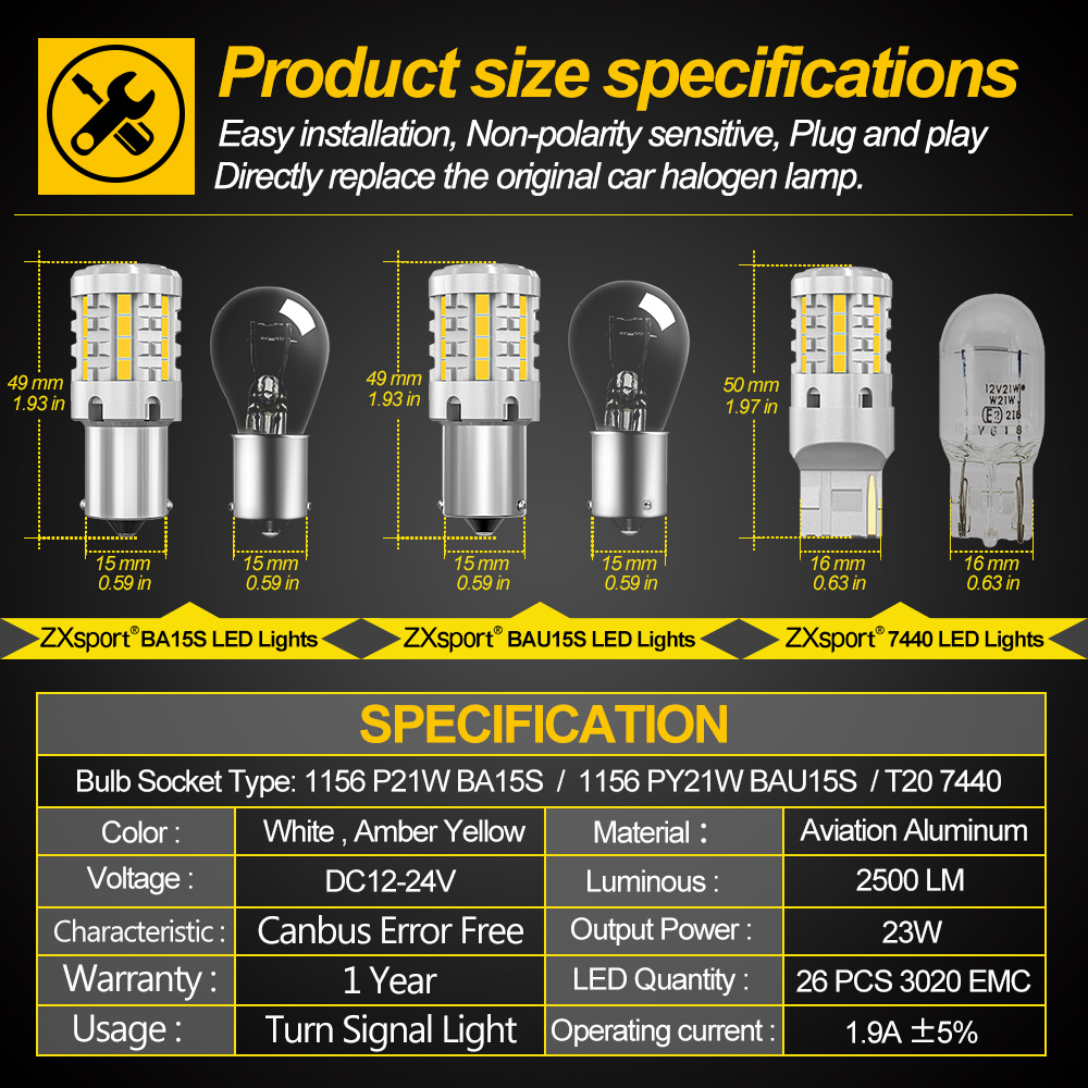 2Pcs No Hyper Flash Led Lights P21W Car Tuning Canbus Signal Lamp 1156 BA15S PY21W BAU15S T20 7440 WY21W Amber Yellow 12V 24V