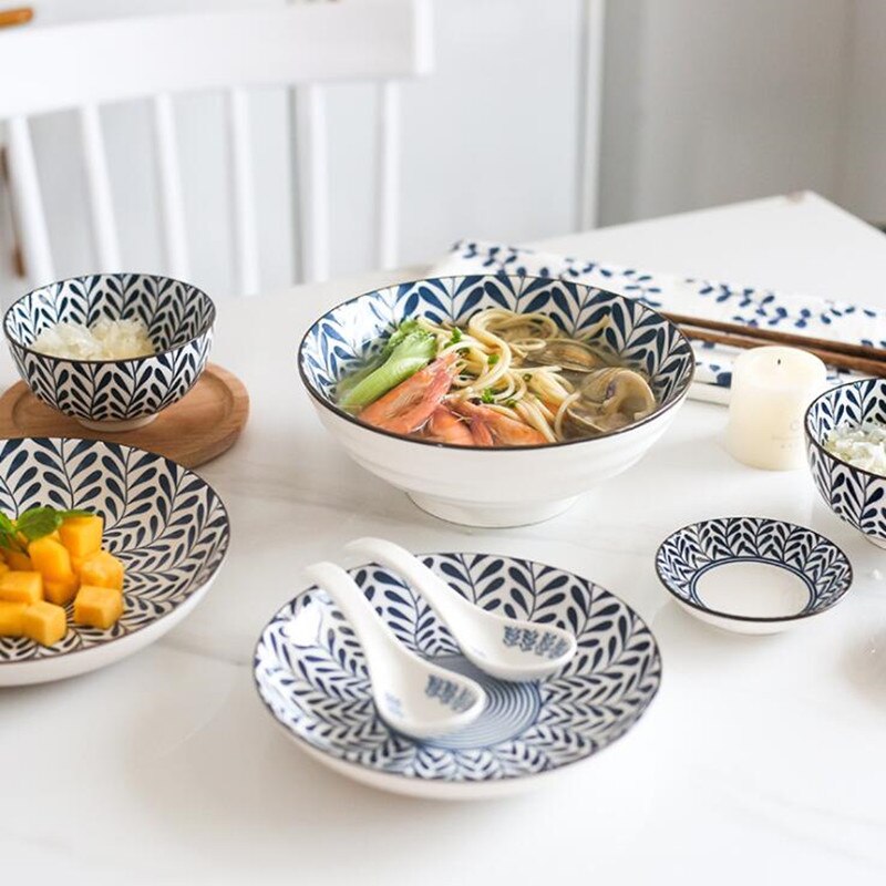 Japanese Style Ceramic Dinner Plate Kitchen Round Plates Set Food Dishes Rice Salad Noodles Bowl Soup Spoon