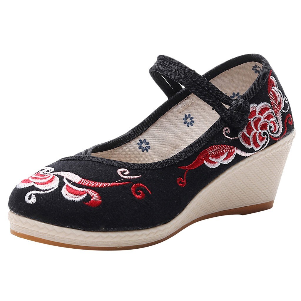 Women's Wedges Flowers Embroidered Canvas Shoes Chinese Style Casual Shoes black Folk Flower Embroideried Fabric Wedge shoes#smt: Black / 8
