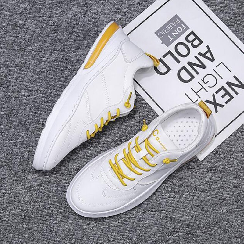 THEAGRANT Comfortable Casual Men Shoes Platform Sneakers For Male PU Leather Lace Up White Shoes Sneakers MSN2021: Yellow / 7