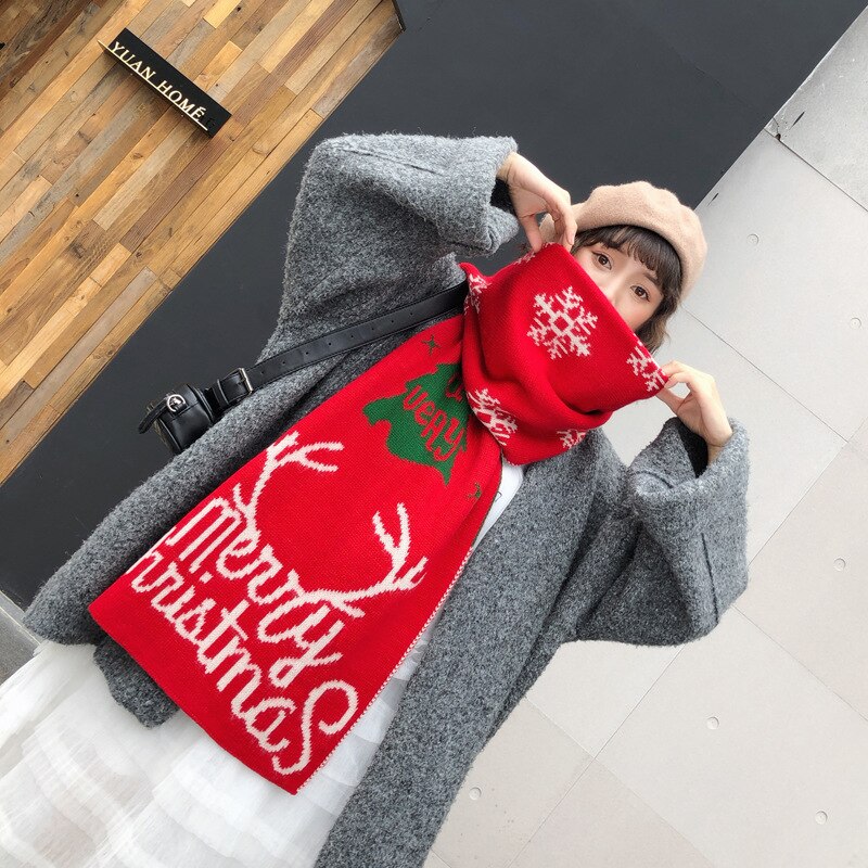 Johnature hiver noël écharpe dessin animé imprimer femmes laine Jacquard 14 couleurs noël femmes écharpes: I05 Big red