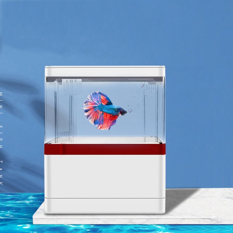 D08D Acrylic LED Aquarium Kit 1.5L Desktop Mini Fish Tank with Filtration &amp; LED Lighting Hidden Phone Bracket USB Charging