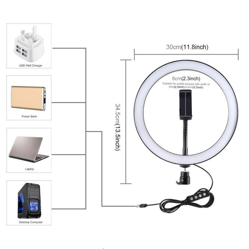 10.2/11.8in 26/30Cm Usb 3 Modes Led Ring Light Living Uitzending Selfie Vullen Ronde Lamp Dimbare 3 Licht Modi Selfie Vullen Lamp