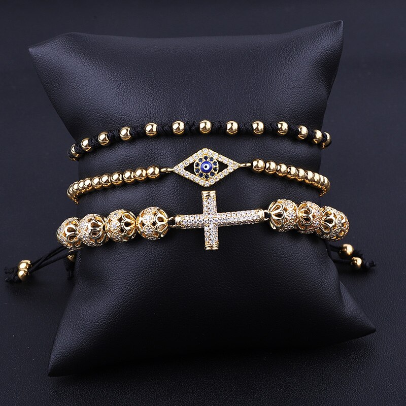 Jaravvi perline in acciaio inossidabile ad alta quantità CZ Eye Cross Charm intrecciato Macrame Set di braccialetti per amicizia da uomo