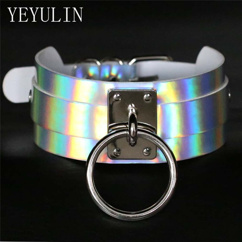 Punk Style Gothic Handcrafted Chic Holographic Choker Necklace With Gold Metal Round Circle Charm Chocker Collar Jewelry