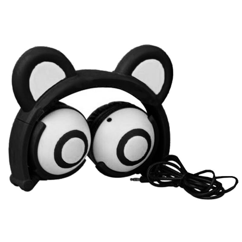 Cute Bear Ears Headset Adjustable Head-mounted LED Light Headphones Foldable Rechargeable Music Boys Girls Earphones: Black