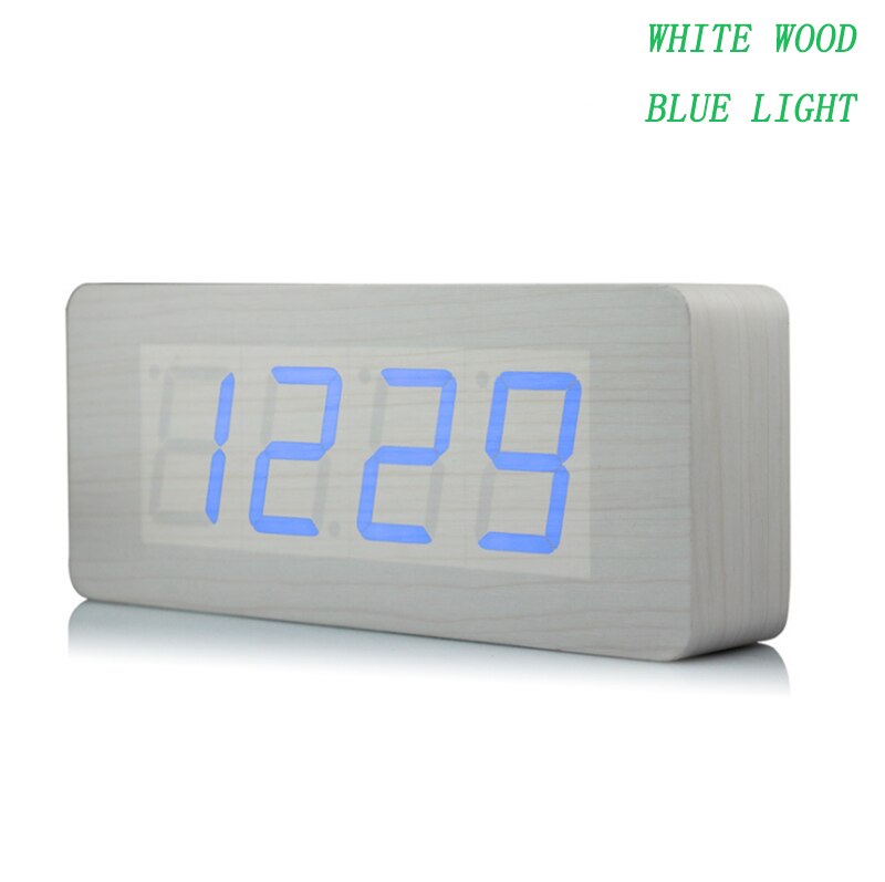 Grote houten klok ongebruikelijke led digitale houten wekker despertador geluid gecontroleerd elektronische klok desktop 21*9*5cm: Wit hout blauw