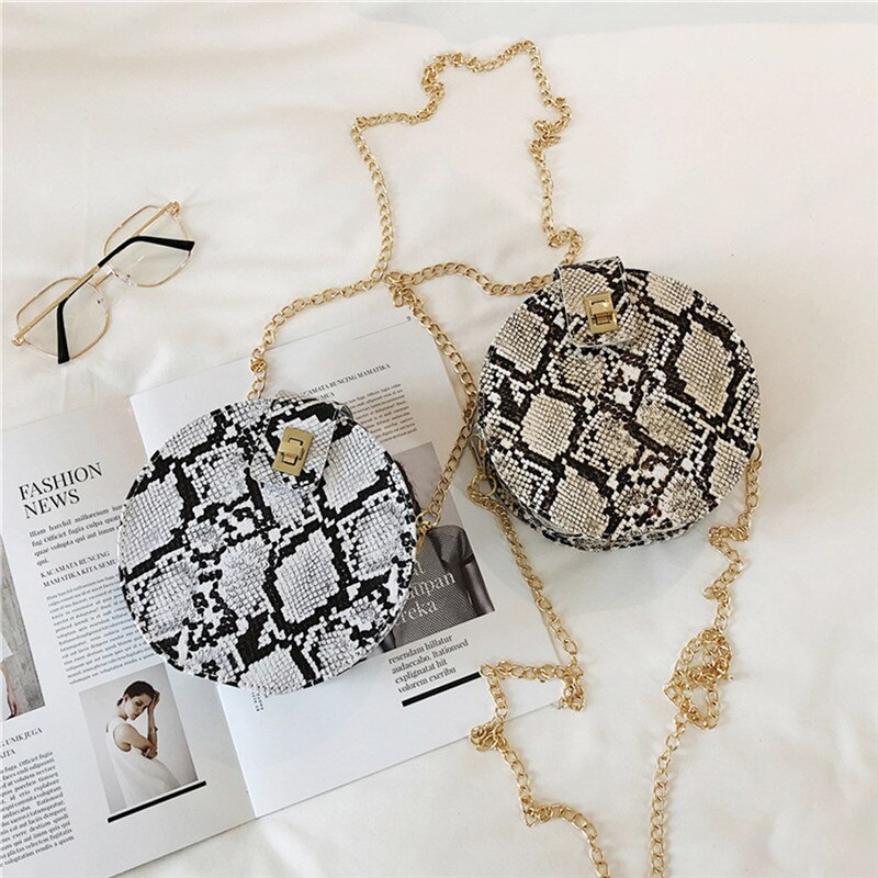 Bolsa feminina redonda pu de ombro, de ombro, de cobra, estampada, de mensageiro, de sacola, imperdível