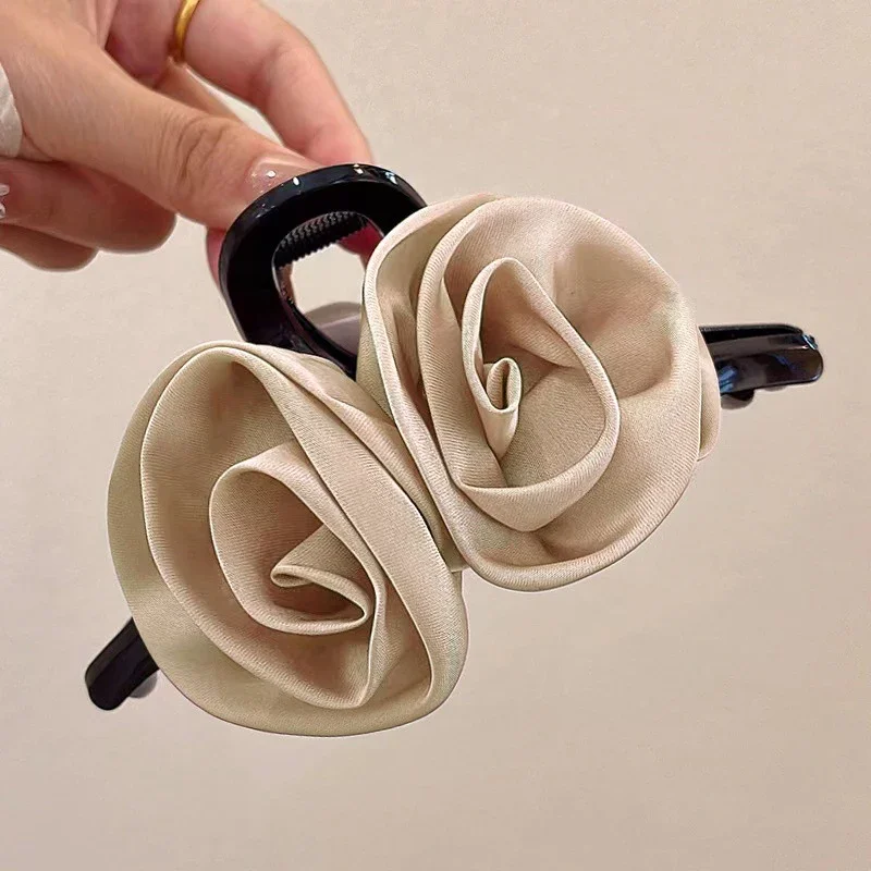 Pinzas en forma de garra para el pelo con flor de Rosa doble francesa para mujeres y niñas, accesorios para el pelo de tiburón hechos a mano de tela sólida satinada Vintage, nuevos: Rosa
