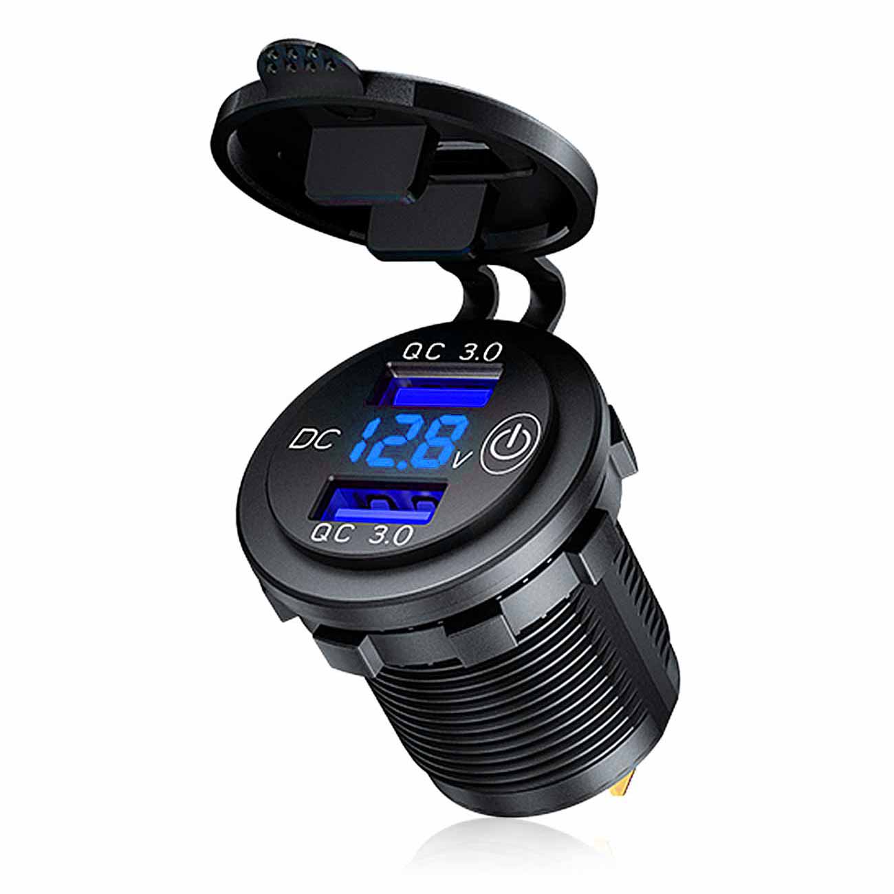 Dual USB Quick Charge Socket With Touch Switch LED Voltmeter Display Splitter Cigarette Lighter 12V-24V QC3.0 Power Adapter: blue light