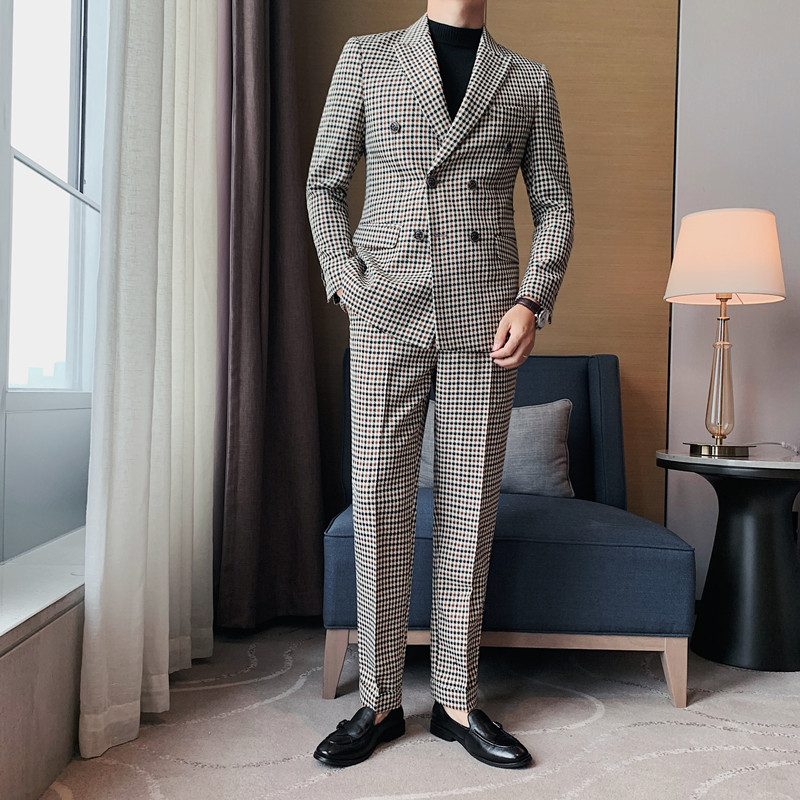 Jacket+Pants Double Breasted Houndstooth Suits Mens Business Formal Wear Slim Fit Wedding Dress Suits Costume Homme 3XL