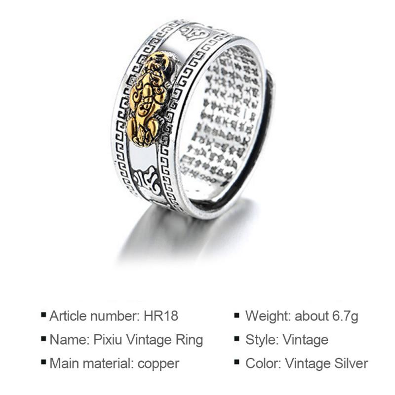 Feng Shui Pixiu Mani Mantra Wealth Ring Lucky Retro Silver Male